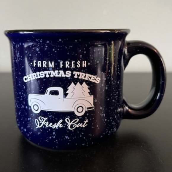 "Farm Fresh Christmas Trees Fresh Cut" Stoneware Camping Mug ~ Cobalt Blue - Picture 1 of 3
